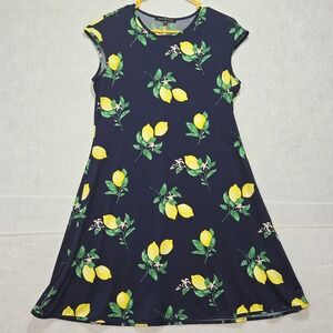 L#8 Nik and Nash Navy Blue Lemon Print Cap Sleeve A Line Dress Women's Size L